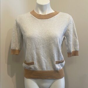 LOFT Cream Crewneck Sweater with Tan Rib Trim